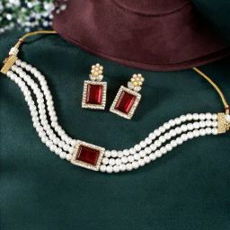 Peora Maroon Gold-Plated Kundan & Beads Choker Earrings Set-image-34