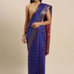 Blissta Blue Cotton Silk Chequered Saree With Unstitched Blouse-image-27