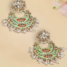 OOMPH Mint Green Meenakari with Kundan Lotus Design Chand Bali Earrings image 1