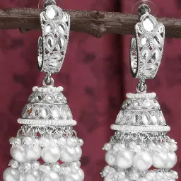 OOMPH Silver Tone Jadau Kundan & Pearl Ethnic Lrage Jhumki Earrings image 1