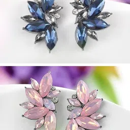 OOMPH Pink & Blue Large Floral Crystal Fashion Stud Earrings - Set of 2 image 1