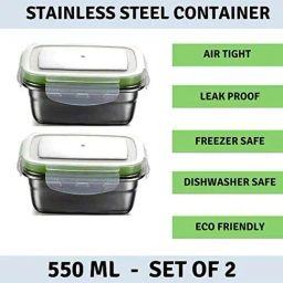 Femora High Steel Rectangular Lunch Box with Air Tight Lid (550 ml) - Set of 2 image 2