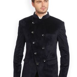 Wintage Men Navy Double-Breasted Velvet Tailored Fit Ethnic Bandhgala Blazer-picture-50