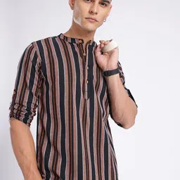 Anouk Rustic Band Collar Woven Design Striped Roll-Up Sleeves Kurta-picture-19