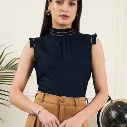 Style Quotient Women Navy Sleeveless Embroidered Top-54