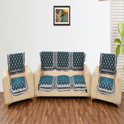 Fashion Throw Turquoise Blue & White 6 Pieces Floral Printed 5 Seater Jacquard Sofa Covers-picture-3