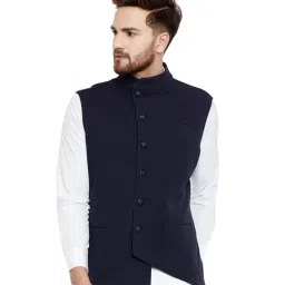 Hypernation Blue Sleeveless Band Collar Waistcoat-image-34