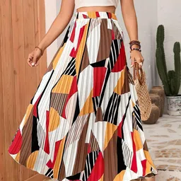 ZWERLON Abstract Printed Flared Maxi Skirt-image-87