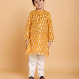 Piccolo Full Sleeves Chevron Foil Print Kurta With Pyjama - Golden-image-28