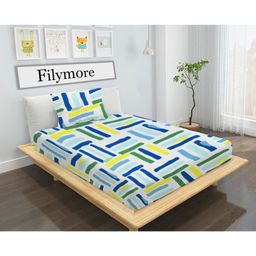 Filymore Line Printed Single Bedsheet with 1 Pillow Cover - White and Blue-image-82