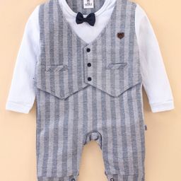 Mini Taurus Cotton Full Sleeves Striped Party Rompers with Waistcoat and Bow Applique - Light Blue-image-63