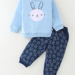 Kookie Kids Full Sleeves Looper Knit Full Sleeves T-Shirt & Joggers Winter Wear Suits With Applique Detailing - Blue-image-31