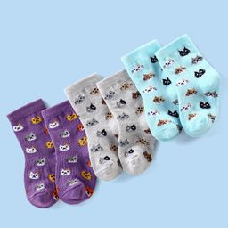 cute walk by babyhug Cutewalk By Babyhug Anti Bacterial Ankle Length Socks Kitty Print Pack Of 3 - Purple Grey & Blue-picture-9