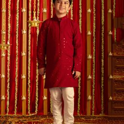 Vastramay Full Sleeves Chikankari Embroidered & Sequin EmbellishedKurta Pyjama Set - Maroon And White-image-90