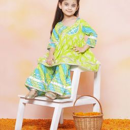 AJ Dezines Three Fourth Sleeves Ikat Motif & Leheriya Designed With Gota Lace Embellished Coordinating Kurta & Sharara Set - Blue & Yellow-image-74