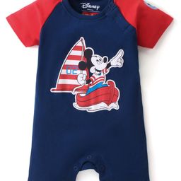 Babyhug Disney 100% Cotton Knit Half Sleeves Romper with Mickey Mouse Graphics - Navy Blue-image-93