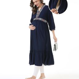 Bella Mama Woven Highlighted Yoke Balloon Sleeves Maternity Dress - Navy Blue-image-2
