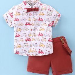 ToffyHouse Poplin Woven Half Sleeves Scooty Printed Shirt & Shorts Set with Bow & Suspender  - Red-image-56