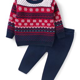 Babyhug Knit Full Sleeves Sweater & Pant Set Floral Design - Red & Navy Blue-image-3
