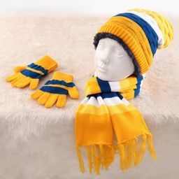 Pine Kids Woollen Knit Color Block Cap Gloves & Muffler Set - Yellow Blue & White-image-103