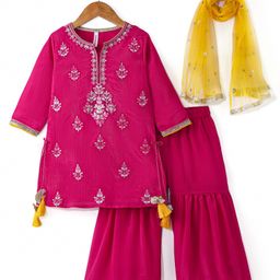 Babyhug Woven Three Fourth Sleeves  Floral Embroidered Kurti Gharara and Sequinned Dupatta- Pink-picture-12