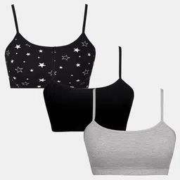 SillySally Pack Of 3 Stars Printed & Solid Non Padded & Non Wired Bras - Black & Grey-picture-39