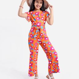 Pine Kids Cotton Knit Frill Sleeves Full Length Jumpsuit Floral Print - Orange-image-52