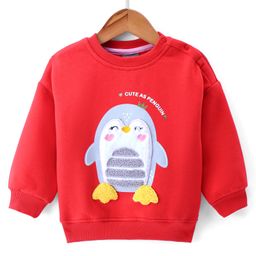 Little Kangaroos Cotton Fleece Knit Full Sleeves Drop Shoulder Sweatshirt with Penguin Patch Detailing - Red-picture-27