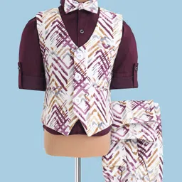 Robo Fry Knit Full Sleeves Printed 3 Piece Party Suit with Bow - Maroon & White-picture-6