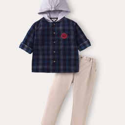 ToffyHouse Poplin Woven Full Sleeves Checkered Hooded Shirt & Trouser Set With Logo Embroidery - Light Grey & Navy Blue-image-103