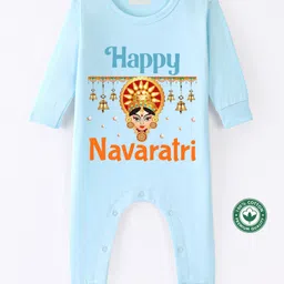 BLUSHES Navaratri Theme 100% Cotton Full Sleeves Happy Navaratri Text Printed Romper - Blue-picture-2