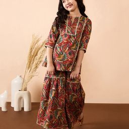Stylo Bug Cotton Three Fourth Sleeves Ethnic Motif Printed & Lace Embellished Kurta Sharara Set - Multi Colour-image-15