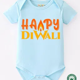 BLUSHES Diwali Theme 100% Cotton Half Sleeves Happy Diwali Text Printed Onesie - Powder Blue-picture-17