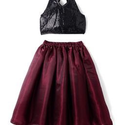 Saka Designs Satin Woven SleevelessSequinned Halter Neck Choli Lehenga Set-Mahroon & Black-image-98