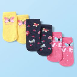 Cute Walk By Babyhug Knit Ankle Length Anti-Bacterial Socks with Butterfly & Floral Design Pack of 3 - Yellow Navy Blue-picture-45