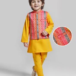 Babyhug Woven Full Sleeves Kurta Pyjama Set With Printed Jacket - Mustard-picture-18