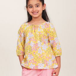Campana 100% Cotton Three Fourth Sleeves Floral Printed Top - Light Yellow-image-61
