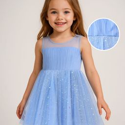 Babyhug Woven Sleeveless Mesh Dress with Foil Print - Light Blue-image-87