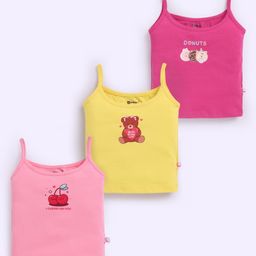 MOONKIDS 100% Cotton Knit Pack Of 3 Sleeveless Cherries & Teddy Bear Printed Camisoles - Pink & Yellow-image-32