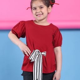BaawRi Cotton Knit Half Puffed Sleeves Knot Detailed Solid Top - Red-image-69