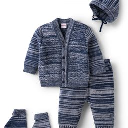 Babyhug Knit Full Sleeves Striped Sweater Set with Cap & Mittens - Navy Blue-image-6