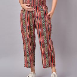 Mine4Nine Rayon Woven Striped & Abstract Printed Maternity Trousers - Red-image-42