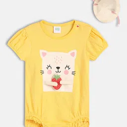 MINI KLUB Cotton Knit Half Puffed Sleeves Cat Printed Onesie With Cap - Yellow-picture-47