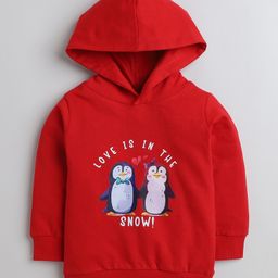 BUMZEE Fleece Knit Full Sleeves Penguin Printed Hooded Sweatshirt - Red-image-49