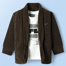 Dapper Dudes Full Sleeves Textured Corduory Blazer With Typography Printed Tee Set - Olive-image-49