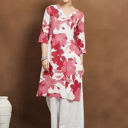 Melange by Lifestyle Floral Printed V-Neck Straight Kurta-image-57