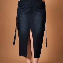 SASSAFRAS Curve Denim Pencil Midi Length Skirt-image-45