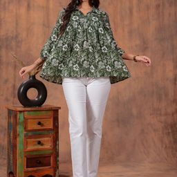 SHIONS Floral Print Puff Sleeve Twisted Cotton Top-picture-24
