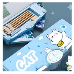 YAMAMA Multifunctional Pencil Box Cat Theme Pencil Box Magnetic Pencil Box High Tech Creative Cartoon Stationery Box Built-in Pen Stand Push Button Enabled Storages And Sharpener - Light Blue image 4
