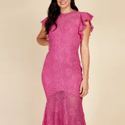 Little Mistress Flutter Sleeve Fishtail Lace Midi Dress-image-15